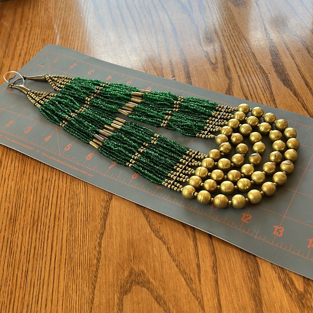 Green and Gold Beads Multilayered Statement Mixed Materials Artisan Necklace - Picture 15 of 17